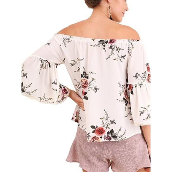 Umgee NEW Off Shoulder Bell Sleeve Top Womens XL Ivory Floral Flowy Boho NWT - Picture 5 of 9
